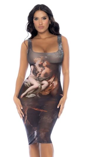 Sensual Mesh Lingerie Dress – Artistic Print & Seductive Lacing