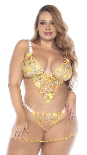 Sunlit Bliss Babydoll Lingerie Set – Sheer Floral Seduction