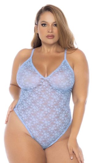 Floral Lace Bodysuit in Light Blue with Adjustable Straps