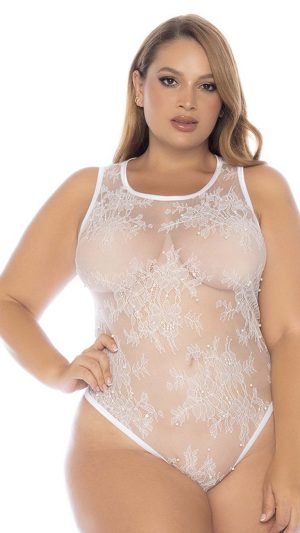 White Lace Teddy Lingerie with Alluring Back Lace-Up Detail